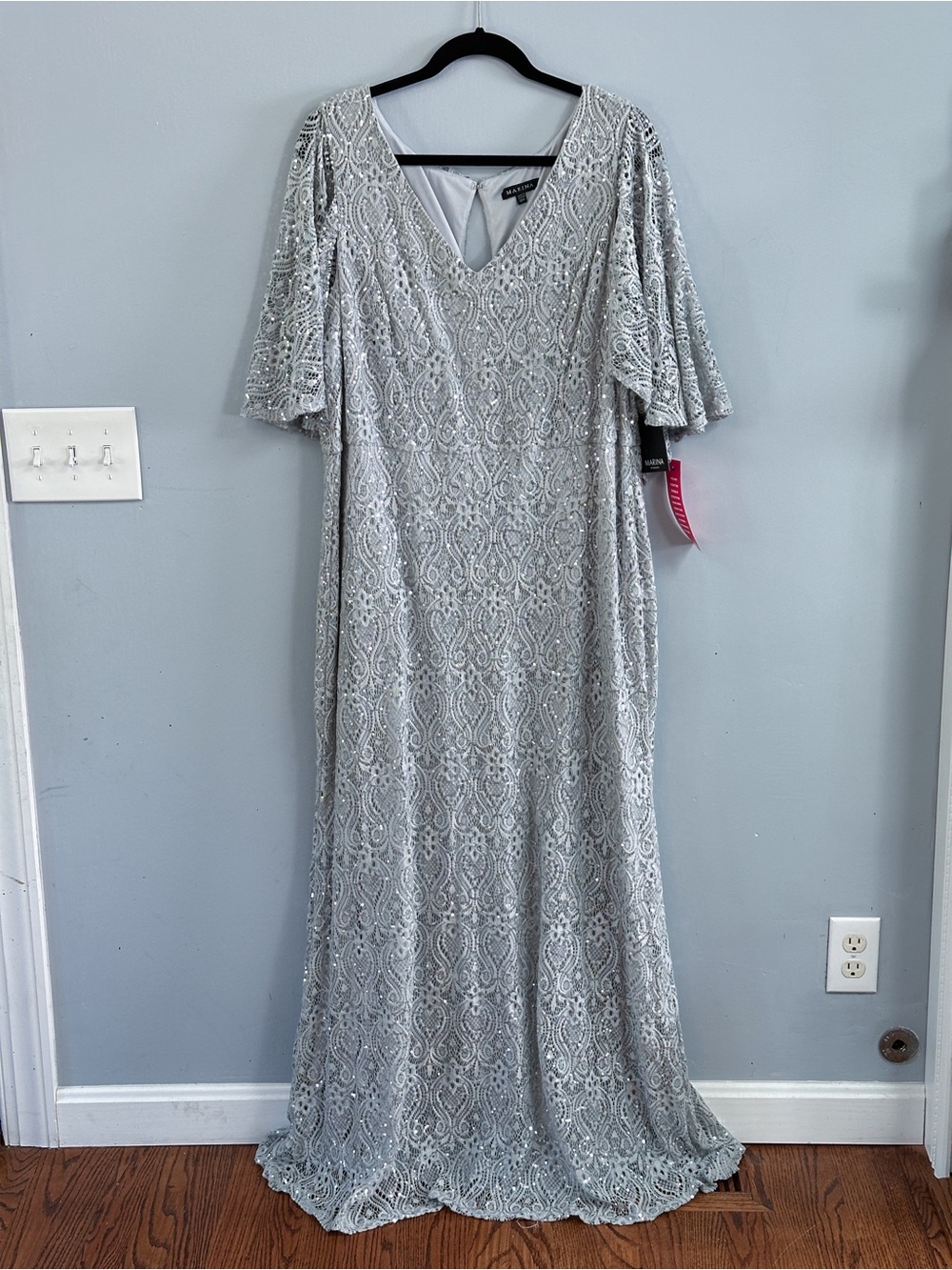 NWT Marina 18W Silver Sequin Lace Cape Sleeve Formal Gown